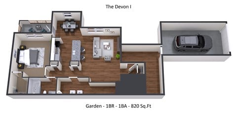 Floor plan for 1 bed, 1 bath, 820 sqft